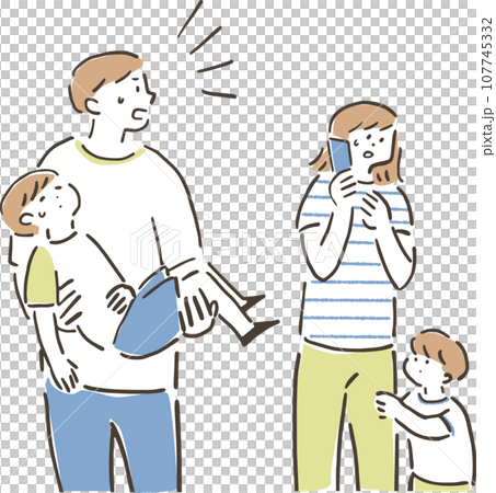 ぐったりした男の子を抱き抱える男性、電話をかける女性としがみつく男の子 ぐったりした男の子を抱き抱える男性、電話をかける女性としがみつく男の子 107745332
