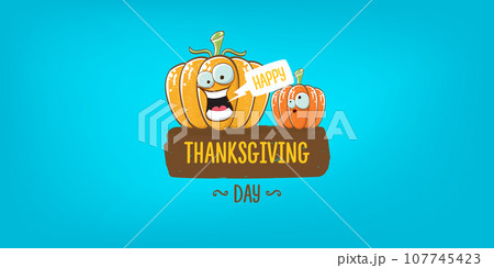 Funny Thanksgiving day horizontal banner with vector funny cartoon cute smiling friends pumpkins isolated on cyan background. Thanksgiving day cute banner and label design template with pumpkins Funny Thanksgiving day horizontal banner with vector funny cartoon cute smiling friends pumpkins isolated on cyan background. Thanksgiving day cute banner and label design template with pumpkins 107745423