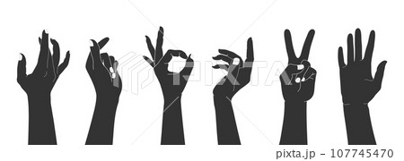 Set of raised human hands silhouettes with different gestures. Isolated vector illustration of human hands 107745470