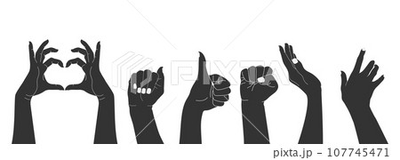 Set of raised human hands silhouettes with different gestures. Isolated on white background. Vector illustration 107745471