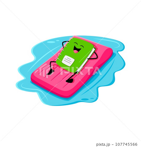 Cartoon notebook school supply character floating on mattress in sea on summer beach vacation. Isolated vector chalkboard personage lying on inflatable floater relax and tan under the hot sun rays 107745566
