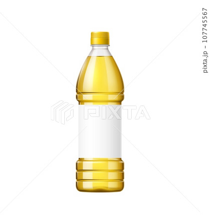 Sunflower oil bottle, sleek, transparent plastic package isolated 3d vector mockup showcasing the golden essence of pure vegetable oil. Blank flask design for health product ads and brand identity 107745567