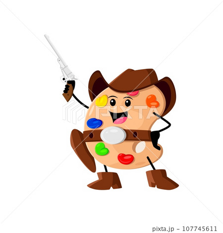 Cartoon paint palette school supply cowboy, ranger, sheriff and robber character. Isolated vector whimsical artist item ready for action with a gun in hand. Colors and creativity meet the Wild West 107745611