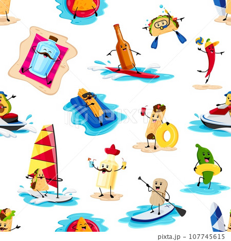 Cartoon tex mex food characters seamless pattern. Vector pulque, tequila and mezcal bottle, burrito, tacos, enchilada and chili pepper. Tamales, avocado or nachos personages water activities and relax 107745615