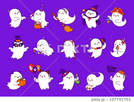 Cartoon Halloween kawaii cute ghost monster characters. Witch, sorcerer and pirate Halloween holiday cheerful monsters personages. Cute ghosts vector characters with broom, magic potion and candies Cartoon Halloween kawaii cute ghost monster characters. Witch, sorcerer and pirate Halloween holiday cheerful monsters personages. Cute ghosts vector characters with broom, magic potion and candies 107745703