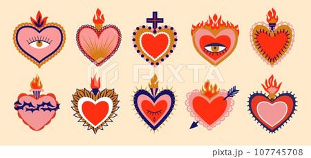Cartoon Mexican sacred hearts. Vibrant vector set featuring intricate designs, bold colors, and cultural symbolism and thorns, eyes and crowns, celebrating the rich heritage and spirituality of Mexico 107745708