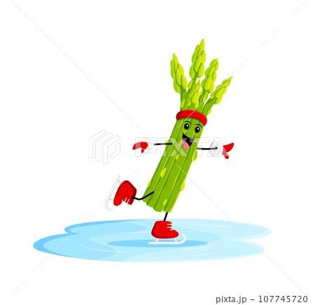 Cartoon asparagus vegetable character skates on ice rink. Isolated vector cheerful raw veg personage wearing ice skates and beaming smile, spreading Christmas joy and excitement gracefully glides 107745720