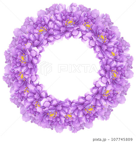 Hand drawn watercolor purple peony wreath frame border isolated on white background. Can be used for invitation, postcard, poster, decoration and other printed products. 107745809