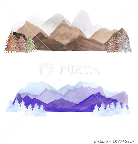 Hand drawn watercolor mauntains with fir trees isolated on white background. Can be used for post card, label and other printed products. 107745817