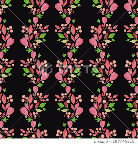 Hand drawn watercolor green and red leaves seamless pattern isolated on black background. Can be used for textile, fabric and other printed products. 107745819