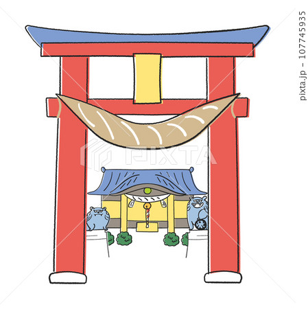大きな鳥居から望む神社　イラスト素材 107745935