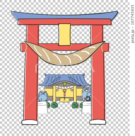 大きな鳥居から望む神社　イラスト素材 107745935