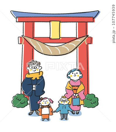 家族そろって初詣　鳥居の前で　イラスト素材	 107745939