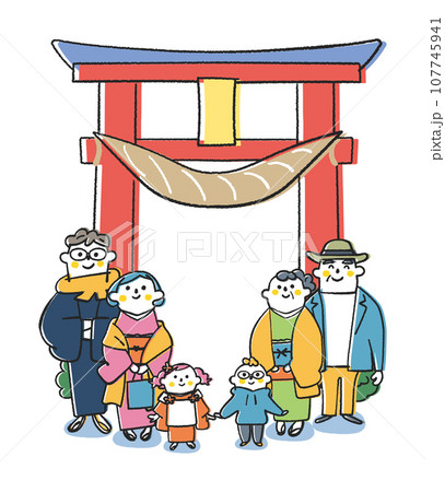 家族3世代そろって初詣　鳥居の前で　イラスト素材	 107745941