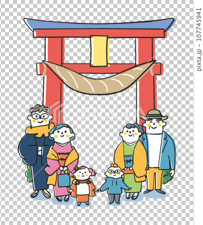 家族3世代そろって初詣　鳥居の前で　イラスト素材	 107745941