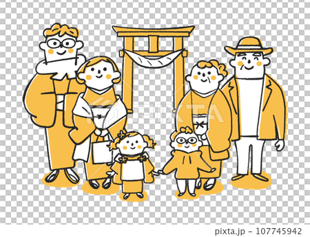 家族3世代そろって初詣　鳥居の前で　イラスト素材	 107745942