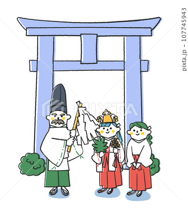 鳥居の前に立つ神主さんと巫女さん　イラスト素材　イラスト素材	 107745943