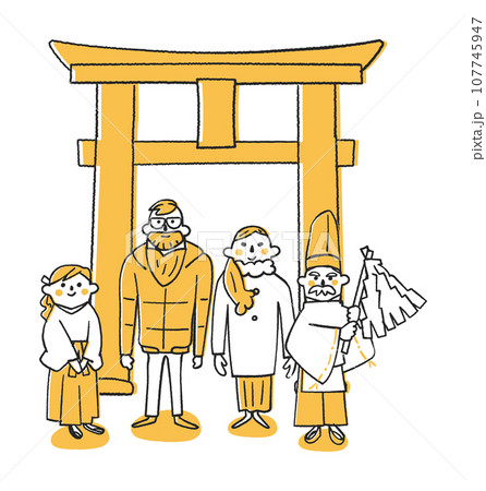 鳥居の前に立つ外国人観光客と神主さん　イラスト素材 107745947