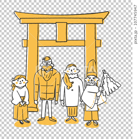 鳥居の前に立つ外国人観光客と神主さん　イラスト素材 107745947