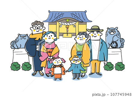 家族3世代そろって初詣　神社の前で狛犬と一緒に　イラスト素材 107745948