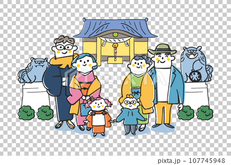 家族3世代そろって初詣　神社の前で狛犬と一緒に　イラスト素材 107745948