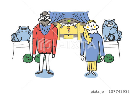 神社の前に立つ外国人観光客　イラスト素材 107745952