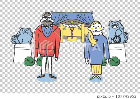 神社の前に立つ外国人観光客　イラスト素材 107745952
