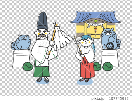 站在神社前的神父和巫女插畫素材 107745955