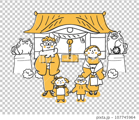 家族そろって初詣　神社の前で狛犬と一緒に　イラスト素材	 107745964