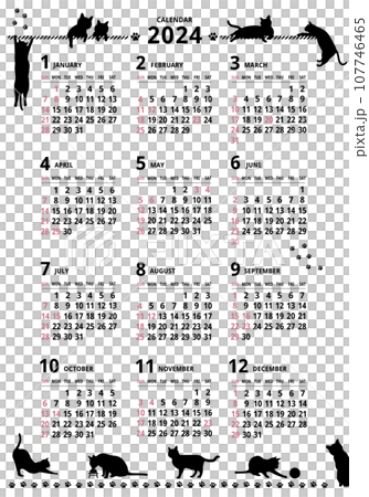 2024年_年間カレンダー_猫シルエット タテ型 107746465