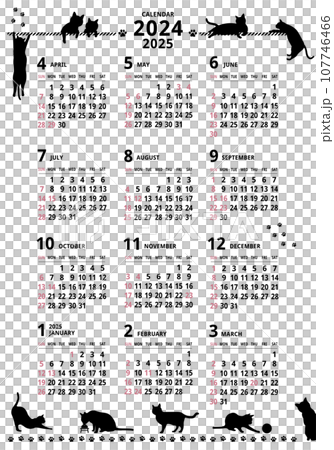 2024-2025年_年間カレンダー_4月始まり _猫シルエット 107746466