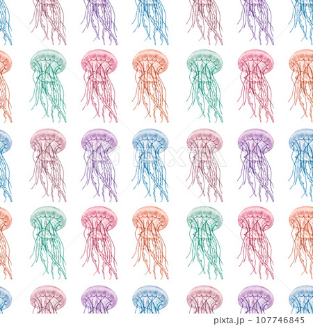 Seamless pattern colorful jellyfish, medusa. Deep sea toxic animal. Cartoon sketch aquarium decor. Hand-drawn watercolor illustration isolated on white background. For packaging, fabric, wallpaper 107746845