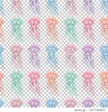 Seamless pattern colorful jellyfish, medusa. Deep sea toxic animal. Cartoon sketch aquarium decor. Hand-drawn watercolor illustration isolated on white background. For packaging, fabric, wallpaper 107746845
