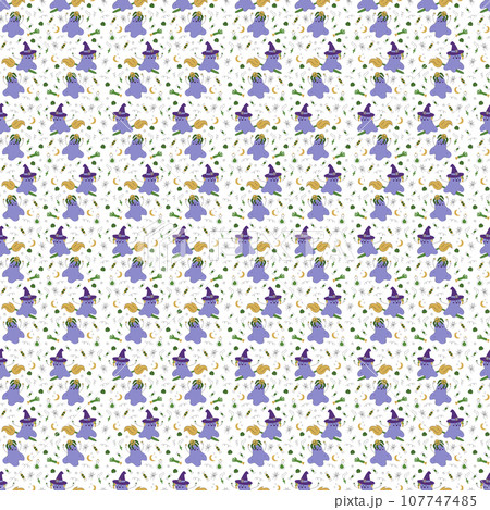 Seamless pattern with two cute Halloween characters ghosts with candies and spiders. Color vector flat illustration. 107747485