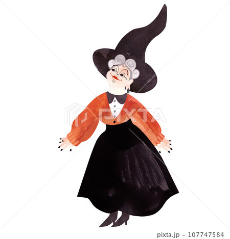 A curvy, plump, smiling, cheerful middle-aged witch with gray curls wearing a red cardigan, a black skirt and pointed hat. Watercolor hand drawn isolated illustration on white background. Character. 107747584