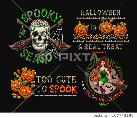 Set of halloween labels with pumpkin head like happy kids, traditional candy, skull with eyeballs, beautiful witch on broom. Text made of bones. Colorful illustrations on black in vintage style Set of halloween labels with pumpkin head like happy kids, traditional candy, skull with eyeballs, beautiful witch on broom. Text made of bones. Colorful illustrations on black in vintage style 107748199