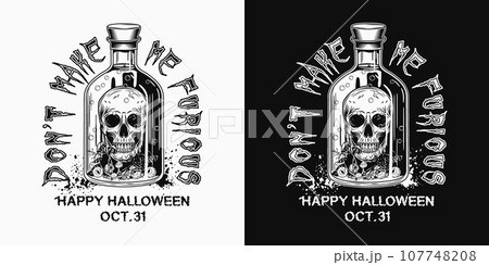 Label with bottle of poison with human skull, eyeballs, mushrooms inside. Editable text effect. Halloween creepy illustration in vintage style. Not AI 107748208