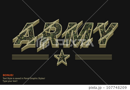 Khaki green T-shirt typography with camouflage texture. Horizontal word Army with stripes and military star. Editable text appearance, text graphic style are included. For sport goods, textile design 107748209