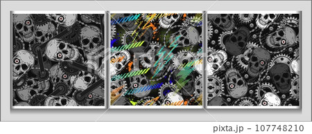 Black camouflage patterns with mechanism with gears, bike chain, human skull with single red eye. Dark scary gothic illustration in steampunk style. For apparel, fabric, textile, sport goods. 107748210