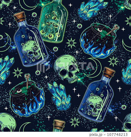 Halloween surreal pattern with glass bottle of poison with human skull. Glowing magic crystals, witch cauldron, sparks, stars, moon. Witchy, mystical, surreal illustration. Not AI 107748213