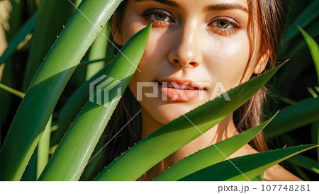 Close up face of beautiful young woman covering her face by green aloe vera leaf. woman behind aloe vera plant. Portrait of beauty woman with natural makeup standing behind green leaves. 107748281