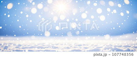 Christmas Winter banner background. Winter snow background with snowdrifts, with beautiful light and snow flakes on the blue sky, beautiful bokeh circles, copy space. Generative AI Christmas Winter banner background. Winter snow background with snowdrifts, with beautiful light and snow flakes on the blue sky, beautiful bokeh circles, copy space. Generative AI 107748356