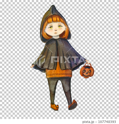 Cute Halloween witch painted in watercolor. Illustration of a fairy girl in cartoon style. A girl in a raincoat with orange hair. The drawing is suitable for decorating a party, a holiday, a poster Cute Halloween witch painted in watercolor. Illustration of a fairy girl in cartoon style. A girl in a raincoat with orange hair. The drawing is suitable for decorating a party, a holiday, a poster 107748393