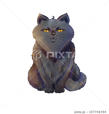 A black cat painted on a white background. Watercolor illustration of an animal, a witch's assistant. Cute cartoon cat. Halloween animal with yellow eyes. The drawing is suitable posters, postcards 107748394
