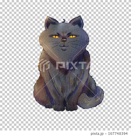 A black cat painted on a white background. Watercolor illustration of an animal, a witch's assistant. Cute cartoon cat. Halloween animal with yellow eyes. The drawing is suitable posters, postcards 107748394
