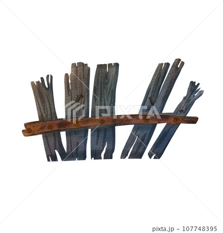 An old wooden fence on a white background. Watercolor illustration of a rustic fence made of planks. Scary Halloween object at home. The drawing is suitable for postcards, compositions, design An old wooden fence on a white background. Watercolor illustration of a rustic fence made of planks. Scary Halloween object at home. The drawing is suitable for postcards, compositions, design 107748395