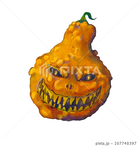 Scary orange Halloween pumpkin painted in watercolor on a white background. Illustration of stylized vegetables. A terrible pumpkin for a holiday party. Suitable for composition, horror stories 107748397