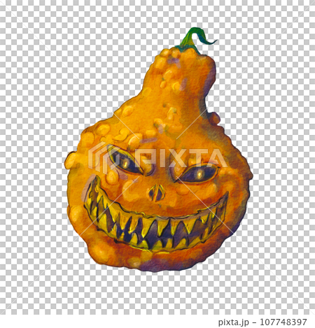 Scary orange Halloween pumpkin painted in watercolor on a white background. Illustration of stylized vegetables. A terrible pumpkin for a holiday party. Suitable for composition, horror stories 107748397