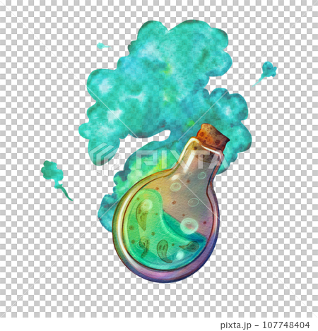 A potion in a bottle against a background of green smoke. Watercolor illustration of poison in a bottle. A magic flask. A witch's potion, an elixir. Halloween collection. Suitable for compositions A potion in a bottle against a background of green smoke. Watercolor illustration of poison in a bottle. A magic flask. A witch's potion, an elixir. Halloween collection. Suitable for compositions 107748404