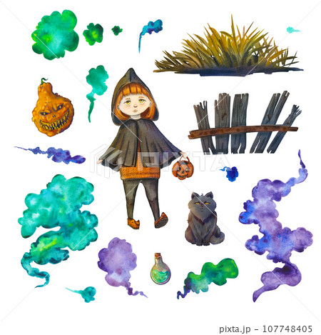 A set with a witch, a cat. pumpkin and magic smoke for halloween. Watercolor illustration for the feast of the dead. Dry grass and an old wooden fence. Scary pumpkin Jack. Suitable for design 107748405